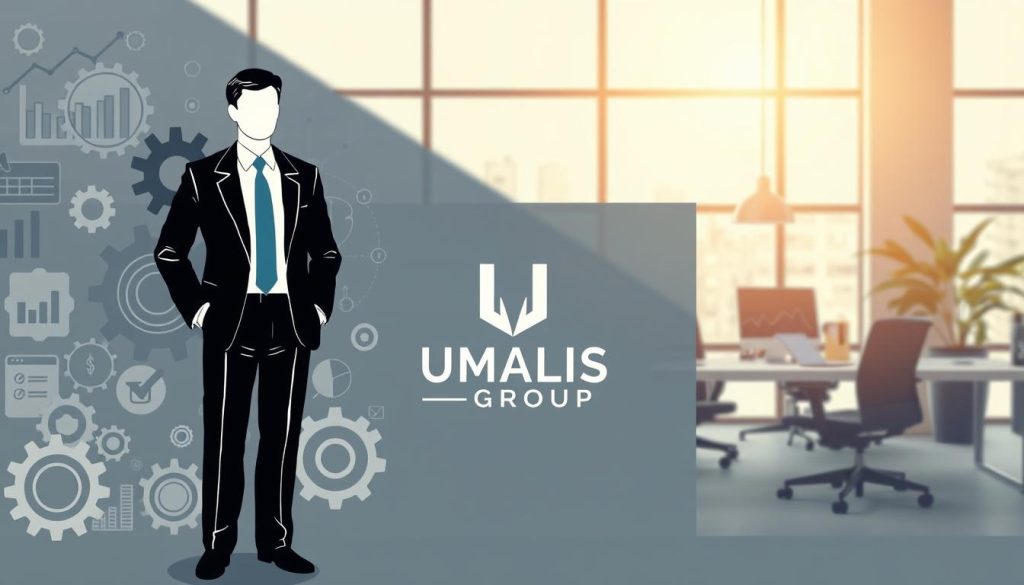 A sleek, minimalist illustration depicting the core concepts of "portage salarial". In the foreground, a professional figure in a tailored suit stands amidst a backdrop of gears, cogs, and financial charts, symbolizing the intricate workings of this employment model. The middle ground features a stylized UMALIS GROUP logo, showcasing the trusted brand behind the service. In the background, a modern office environment with large windows allows natural light to filter in, creating a sense of openness and flexibility. The overall tone is one of efficiency, security, and adaptability - mirroring the advantages of the "portage salarial" system.