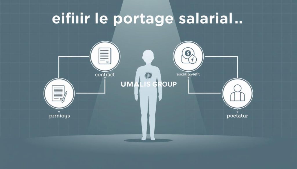 A sleek, minimalist illustration depicting the core principles and operations of the Portage Salarial system. In the foreground, a stylized human figure symbolizes the independent professional, flanked by elegant icons representing the key elements: contract, payroll, and social benefits. The middle ground showcases the UMALIS GROUP brand identity, conveying trust and reliability. The background features a subtle grid pattern, evoking the structured yet flexible nature of the Portage Salarial model. Soft lighting and a muted color palette create a professional, authoritative atmosphere. The overall composition strikes a balance between clarity and visual interest, effectively communicating the "Définir le portage salarial : principes et fonctionnement" concept. Prompt