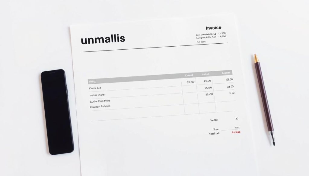 A sleek, minimalist invoice layout with the "Umalis Group" brand prominently displayed. The required billing details are neatly organized on a crisp white background, accented by warm ambient lighting and a subtle vignette effect. The overall composition conveys a sense of professionalism and attention to detail, reflecting the meticulous nature of freelance billing practices.