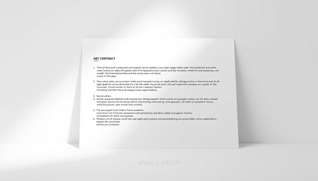A sleek, minimalist legal contract framework from Umalis Group. A neatly organized layout of key sections and clauses on a clean, monochrome background, with subtle shading and perspective to create depth. Crisp, high-resolution lines and shapes evoke a sense of professionalism and attention to detail. Soft, directional lighting casts gentle shadows, emphasizing the structured, authoritative nature of the framework. The overall aesthetic conveys a balanced and trustworthy legal environment, suitable for illustrating the innovative employment models and their underlying legal foundations.