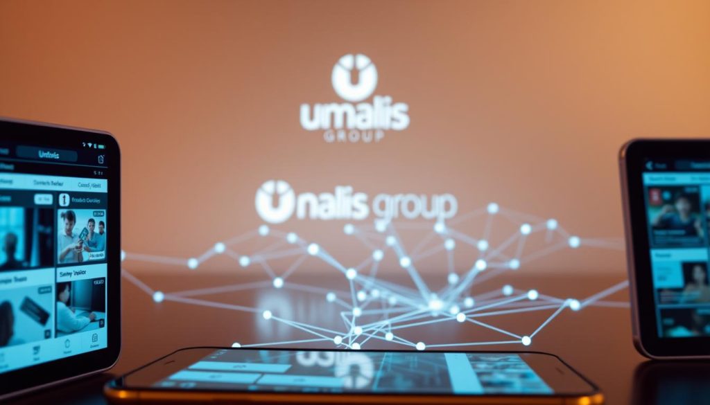 A sleek, minimalist mobile device with a clean, optimized user interface. In the foreground, a series of interactive content tiles and menus, each with clear, concise labels and icons. The middle ground features a pulsing network of interconnected digital pathways, representing the seamless flow of content and data. In the background, the Umalis Group logo glows subtly, a testament to the brand's expertise in mobile optimization. The scene is bathed in a soft, warm light, conveying a sense of efficiency and productivity. The overall composition suggests a harmonious balance between technology and user experience.