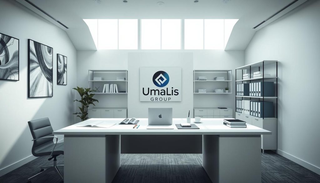 A sleek, minimalist office environment with clean lines and natural light streaming in from large windows. In the center, an Umalis Group logo prominently displayed on a modern desk, surrounded by neatly organized documents, a laptop, and a few office supplies. The walls feature abstract art pieces and shelves filled with binders, conveying a sense of professionalism and expertise. The lighting is soft and even, creating a calm, productive atmosphere. The camera angle is slightly elevated, providing a bird's-eye view of the scene, emphasizing the organization and attention to detail that define the "société de portage salarial" experience.