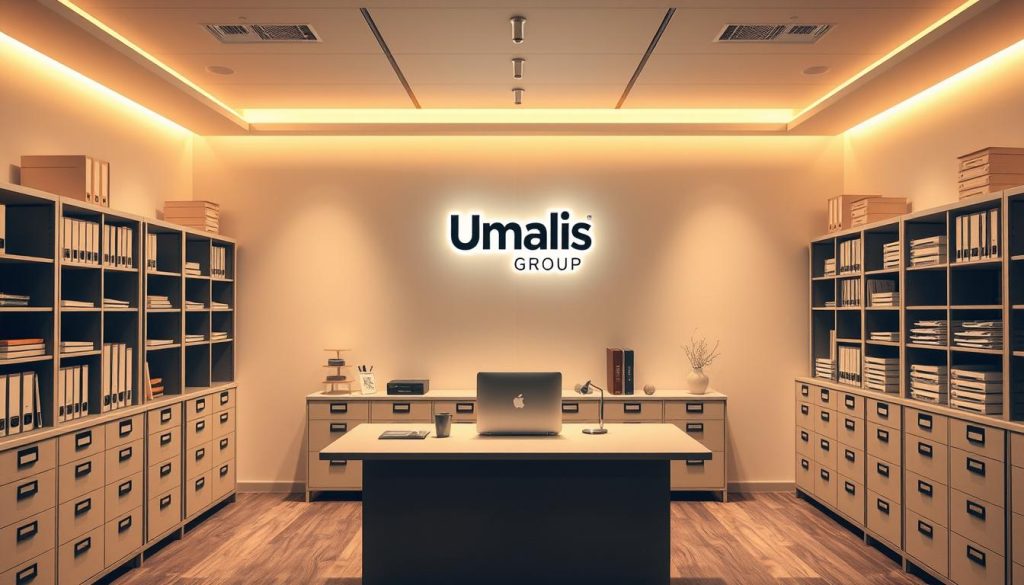 A sleek, minimalist office interior with a central desk or workstation, surrounded by filing cabinets, document storage shelves, and various organizational tools. The lighting is warm and diffused, creating a welcoming and efficient atmosphere. The Umalis Group logo is displayed prominently on the wall, indicating this as a workspace dedicated to centralized document management. The overall composition conveys a sense of order, control, and professionalism, reflecting the "Centralisation et gestion des données administratives" theme.