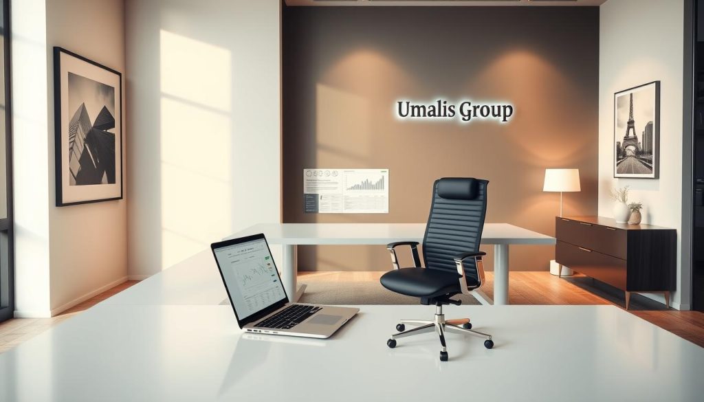 A sleek, minimalist office interior with a large desk and ergonomic chair. On the desk, a laptop displays a portfolio management dashboard powered by artificial intelligence. The walls are adorned with framed artwork and the Umalis Group logo, creating a professional and visually appealing workspace. Soft, warm lighting illuminates the scene, conveying a sense of productivity and innovation. The composition emphasizes the seamless integration of technology and design, reflecting the capabilities of AI-driven portfolio management.