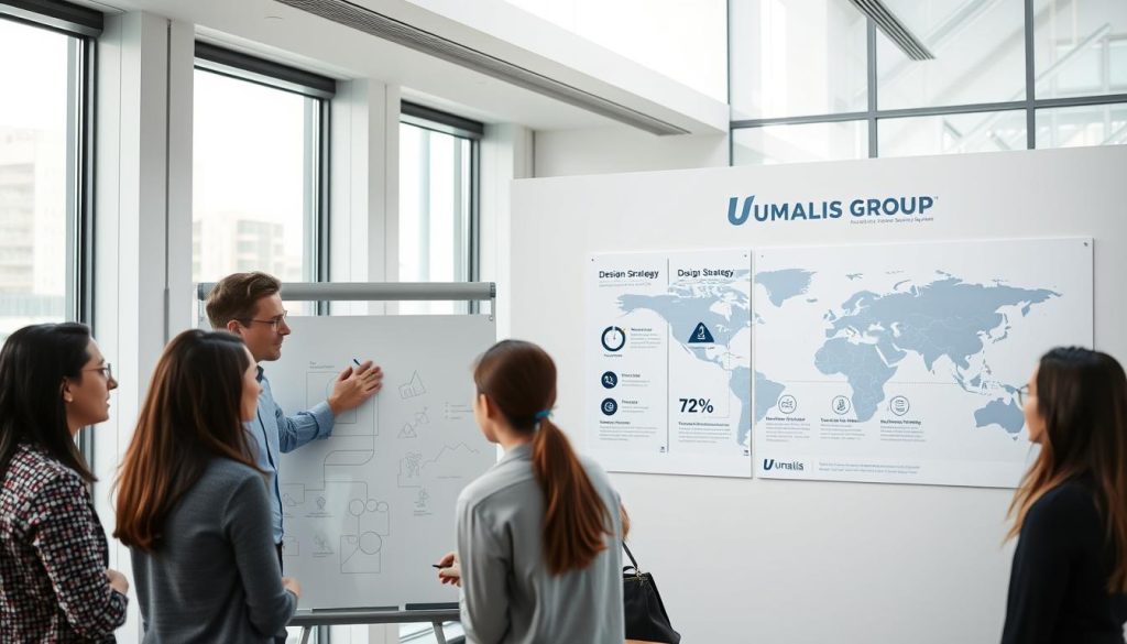 A sleek, minimalist office interior with large windows and bright natural lighting. In the foreground, a team of Umalis Group employees collaboratively brainstorming on a large whiteboard, their expressions focused and engaged. In the middle ground, a series of infographic posters on the wall outlining the design strategy alignment process, with icons and visualizations. The background features a stylized world map, highlighting the global reach and expertise of Umalis Group. The overall mood is one of professionalism, innovation, and a clear sense of purpose in aligning business goals with design strategy.