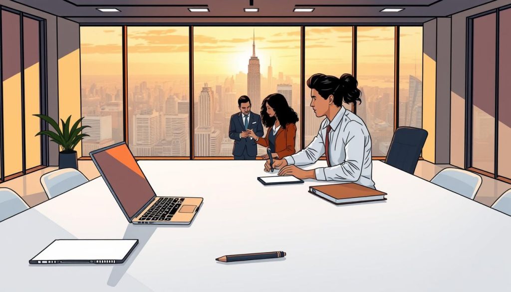 A sleek, minimalist office setting with a large desk in the foreground, adorned with modern technology like a laptop, stylus, and a few neatly arranged papers. In the middle ground, a diverse team of professionals collaborating over a digital display, gesturing and discussing strategies. The background features a panoramic city skyline visible through large windows, bathed in warm, golden hour lighting. The overall mood is one of focused productivity, innovation, and a sense of forward momentum in the pursuit of client acquisition.