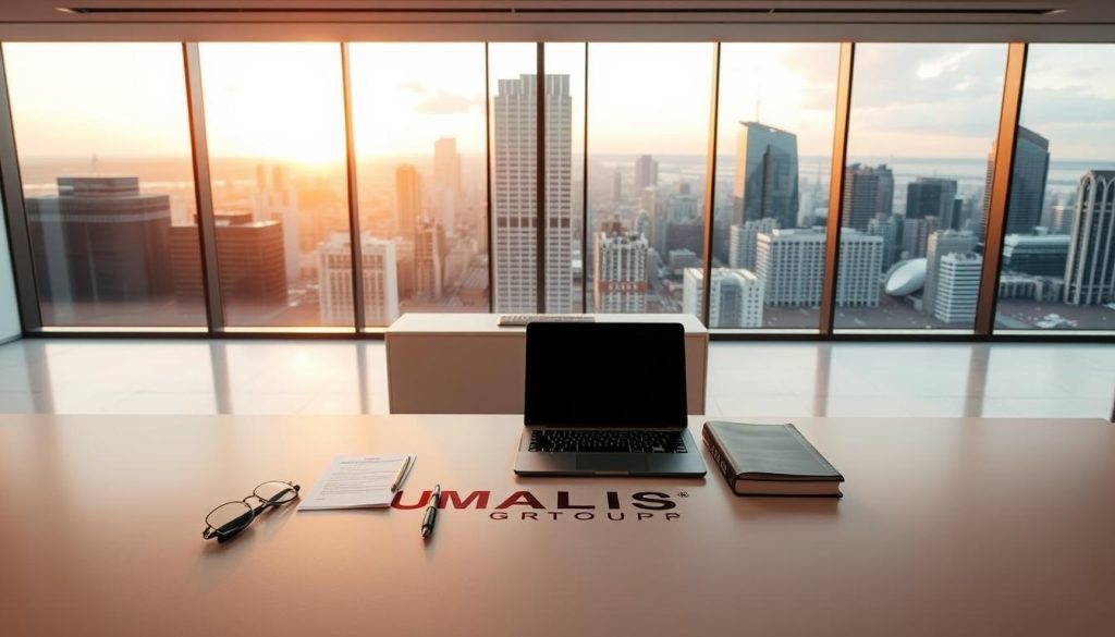 A sleek, minimalist office setting with a large, neatly organized desk showcasing the UMALIS GROUP logo. In the background, a floor-to-ceiling window offers a panoramic view of a bustling city skyline, bathed in warm, natural lighting. On the desk, various legal documents and a laptop are arranged, conveying a sense of professionalism and attention to detail. The overall mood is one of efficiency, compliance, and a commitment to providing comprehensive, secure financial services within the legal framework of the "cadre légal portage salarial".