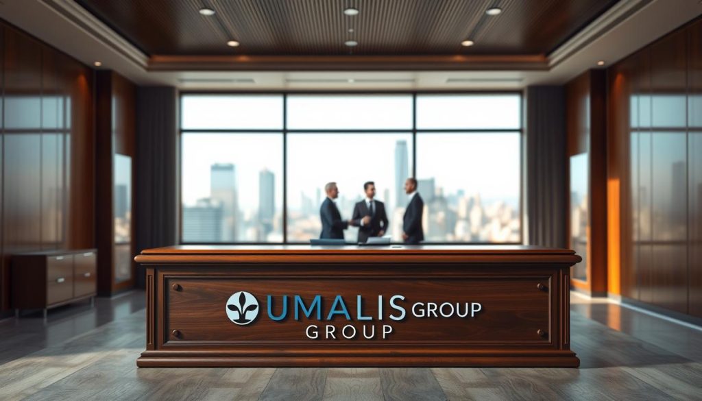 A sleek, minimalist office setting with a large, ornate wooden desk prominently displayed in the foreground. The desk features the UMALIS GROUP logo prominently displayed. In the middle ground, several well-dressed professionals are engaged in discussion, representing the legal and regulatory framework of the gig economy and "portage salarial" contracting. The background is softly blurred, featuring a large window overlooking a bustling city skyline, conveying a sense of professionalism and authority. The lighting is warm and natural, creating a sense of productivity and focus. The overall mood is one of sophistication, legality, and the intersection of business and employment.