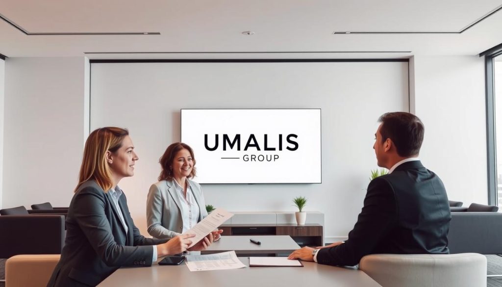 A sleek, minimalist office setting with a well-lit, airy atmosphere. In the foreground, a group of professionals discussing a contract, gesturing animatedly. In the middle ground, a large display screen showcases the UMALIS GROUP logo, highlighting their role as the leading provider of "portage salarial" services. The background features modern furniture, clean lines, and a subtle, warm-toned color palette, creating a sense of professionalism and efficiency. The lighting is soft and diffused, casting a welcoming glow over the scene. The overall composition conveys the smooth, secure, and flexible nature of the "portage salarial" process.