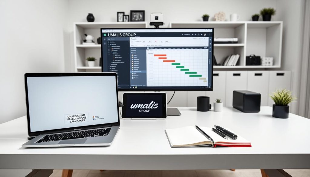 A sleek, minimalist office setup with a variety of project management tools laid out on a clean, modern desk. In the foreground, a laptop, a smartphone, and a pen and notepad symbolize the digital and analog tools of the trade. In the middle ground, a large monitor displays a Gantt chart or project timeline, while a tablet showcases Umalis Group branding. In the background, shelves hold various organization and productivity accessories. Soft, indirect lighting creates a calm, focused atmosphere, and the overall composition conveys a sense of efficiency and professionalism essential for a freelance event project manager.