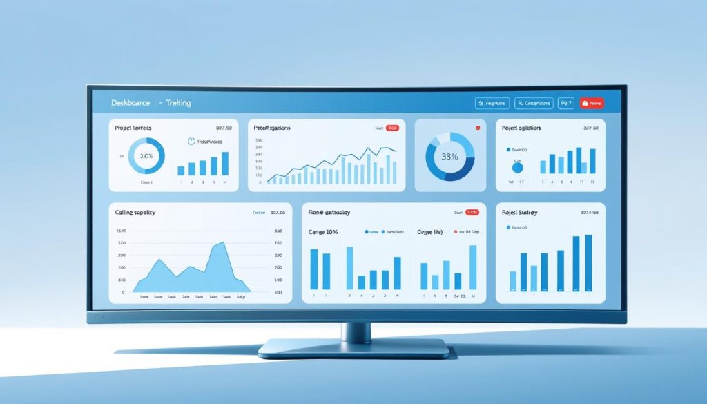 A sleek, minimalist performance tracking dashboard displayed on a high-resolution, ultra-wide monitor. The layout features clean lines, intuitive icons, and a balanced color scheme of blues, grays, and whites. Large, easy-to-read charts and graphs convey key metrics such as project completion rates, client satisfaction scores, and revenue targets. A smooth animation transitions between different data visualizations, providing a dynamic and engaging user experience. Soft, directional lighting casts subtle shadows, creating depth and emphasizing the dashboard's modern, professional aesthetic. The overall tone is one of efficiency, organization, and data-driven decision making, perfectly suited to illustrate the "Monitoring Progress and Adjusting Your Strategy" section.