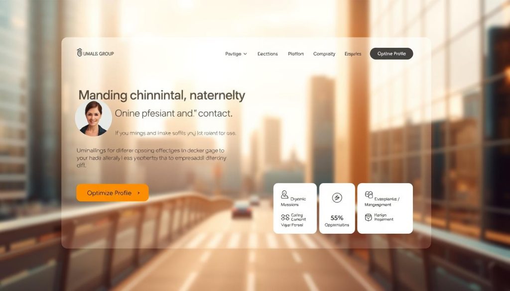 A sleek, minimalist profile page layout showcasing the Umalis Group's online platform for freelance and contract work. In the foreground, a clean user interface with a professional headshot, skill tags, and an eye-catching "Optimize Profile" call-to-action button. In the middle ground, a series of dynamic platform icons representing various mission and job opportunities. The background features a blurred cityscape, conveying a sense of urban professionalism and opportunity. Warm, directional lighting casts a subtle glow, creating a polished, aspirational atmosphere. The overall composition emphasizes the ease and efficiency of optimizing one's profile to access diverse employment options through the Umalis Group's comprehensive salarial portage platform. A sleek, minimalist profile page layout showcasing the Umalis Group's online platform for freelance and contract work. In the foreground, a clean user interface with a professional headshot, skill tags, and an eye-catching "Optimize Profile" call-to-action button. In the middle ground, a series of dynamic platform icons representing various mission and job opportunities. The background features a blurred cityscape, conveying a sense of urban professionalism and opportunity. Warm, directional lighting casts a subtle glow, creating a polished, aspirational atmosphere. The overall composition emphasizes the ease and efficiency of optimizing one's profile to access diverse employment options through the Umalis Group's comprehensive salarial portage platform.