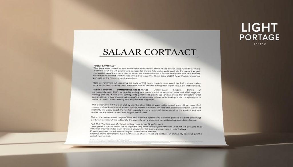 A sleek, minimalist rendering of a salarial portage contract, meticulously crafted with a sense of professionalism and legality. The document takes center stage, backlit by a warm, neutral palette and subtle shadows, lending an air of authority. In the background, the LIGHT PORTAGE brand logo subtly reinforces the context, appearing as a subtle watermark. The overall composition evokes a sense of reliability, trust, and the specialized world of salarial portage.