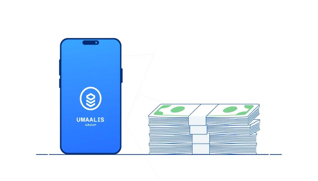 A sleek, minimalistic illustration showcasing the two main payment methods for paid vacation in the Umalis Group's salary portage system. In the foreground, a modern digital wallet app with the Umalis Group logo, representing electronic bank transfers. In the middle ground, a stack of crisp banknotes, signifying cash payments. The background features a subtle geometric pattern in a calming, professional color palette, evoking the financial and administrative aspects of salary portage. The overall composition conveys the efficiency, reliability, and attention to detail that characterize the Umalis Group's payroll services. A sleek, minimalistic illustration showcasing the two main payment methods for paid vacation in the Umalis Group's salary portage system. In the foreground, a modern digital wallet app with the Umalis Group logo, representing electronic bank transfers. In the middle ground, a stack of crisp banknotes, signifying cash payments. The background features a subtle geometric pattern in a calming, professional color palette, evoking the financial and administrative aspects of salary portage. The overall composition conveys the efficiency, reliability, and attention to detail that characterize the Umalis Group's payroll services.
