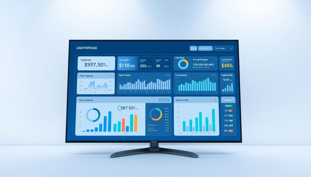 A sleek, modern KPI dashboard displayed on a large flat-screen monitor. The dashboard features a clean, minimalist design with LIGHT PORTAGE branding prominently displayed. The background is a simple yet elegant gradient, creating a professional and sophisticated atmosphere. The dashboard displays key performance indicators such as project progress, budget, and team productivity metrics, presented in a clear and intuitive layout. The lighting is soft and even, creating a sense of depth and three-dimensionality. The camera angle is slightly elevated, giving the viewer a comprehensive overview of the dashboard interface.