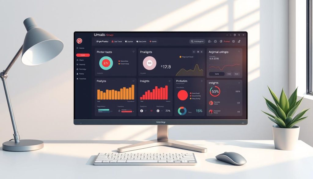 A sleek, modern Pinterest analytics dashboard displayed on a high-resolution 27-inch monitor, showcasing vibrant charts, graphs, and insights. The dashboard is set against a clean, minimalist workspace with a Umalis Group branded desk setup, including a stylish lamp, a wireless mouse and keyboard, and a succulent plant. Soft, directional lighting from a window creates a warm, productive atmosphere, accentuating the dashboard's elegant typography and intuitive user interface. The overall scene conveys a sense of data-driven decision making and social media optimization for businesses.