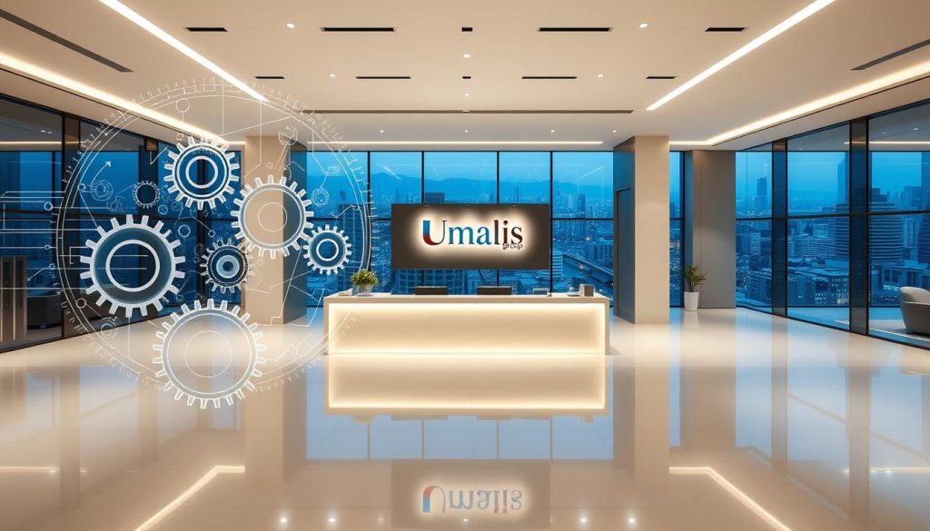 A sleek, modern banking hall with a focus on the intricate mechanisms and processes that underpin financial compensation. The foreground features a stylized diagram of the banking sector's compensation systems, with gears, cogs, and data streams intertwining to create a sense of order and efficiency. The middle ground showcases a minimalist, well-lit reception area, where Umalis Group's branding is prominently displayed, conveying a sense of professionalism and expertise. The background depicts a panoramic view of a bustling cityscape, hinting at the broader economic context in which these compensation mechanisms operate. The overall atmosphere is one of precision, technology, and the seamless flow of financial transactions.