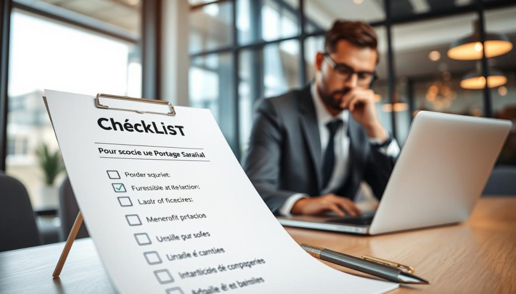 A sleek, modern checklist titled "Checklist pour choisir une société de portage salarial", prominently featuring the brand name "UMALIS GROUP". The foreground showcases a partially filled-out checklist with ticked boxes and a stylish pen resting beside it. In the middle ground, a professional-looking individual in business attire reviews the checklist thoughtfully, with a laptop open in front of them, showing financial graphs and comparisons. The background consists of a contemporary office environment with large windows allowing natural light to illuminate the scene, creating a warm and inviting atmosphere. The angle is slightly tilted to add depth, focusing on the checklist and the thoughtful individual. The mood is professional and focused, emphasizing the importance of careful decision-making in choosing a portage salarial company. A sleek, modern checklist titled "Checklist pour choisir une société de portage salarial", prominently featuring the brand name "UMALIS GROUP". The foreground showcases a partially filled-out checklist with ticked boxes and a stylish pen resting beside it. In the middle ground, a professional-looking individual in business attire reviews the checklist thoughtfully, with a laptop open in front of them, showing financial graphs and comparisons. The background consists of a contemporary office environment with large windows allowing natural light to illuminate the scene, creating a warm and inviting atmosphere. The angle is slightly tilted to add depth, focusing on the checklist and the thoughtful individual. The mood is professional and focused, emphasizing the importance of careful decision-making in choosing a portage salarial company.