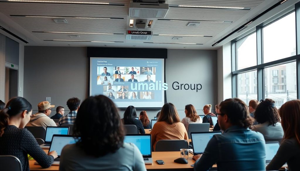 A sleek, modern classroom setting with a large projection screen showcasing online learning materials. In the foreground, a group of diverse students intently focused on their laptops, immersed in a real-time virtual lesson. Soft, natural lighting filters through large windows, creating a warm, productive atmosphere. In the background, the Umalis Group logo is prominently displayed, signifying its role in empowering this remote learning experience. The scene conveys the seamless integration of technology and education, highlighting the convenience and accessibility of distance learning in the United States.