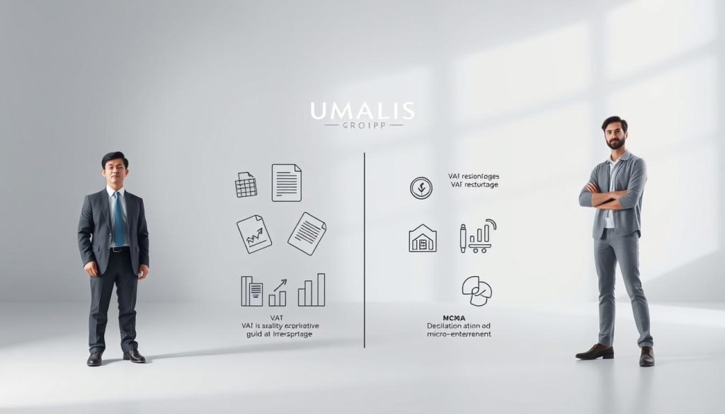 A sleek, modern comparison between a salaried employee and a micro-entrepreneur, showcasing the distinct VAT (TVA) implications. Set in a minimalist, well-lit studio environment, the foreground features two professional avatars - one in a suit representing salaried portage, the other in a casual outfit for the micro-entrepreneur. In the middle ground, simplified financial documents and accounting icons illustrate the key differences in VAT registration and declarations. The background prominently displays the UMALIS GROUP branding, highlighting their expertise in guiding professionals through the complexities of salaried portage.
