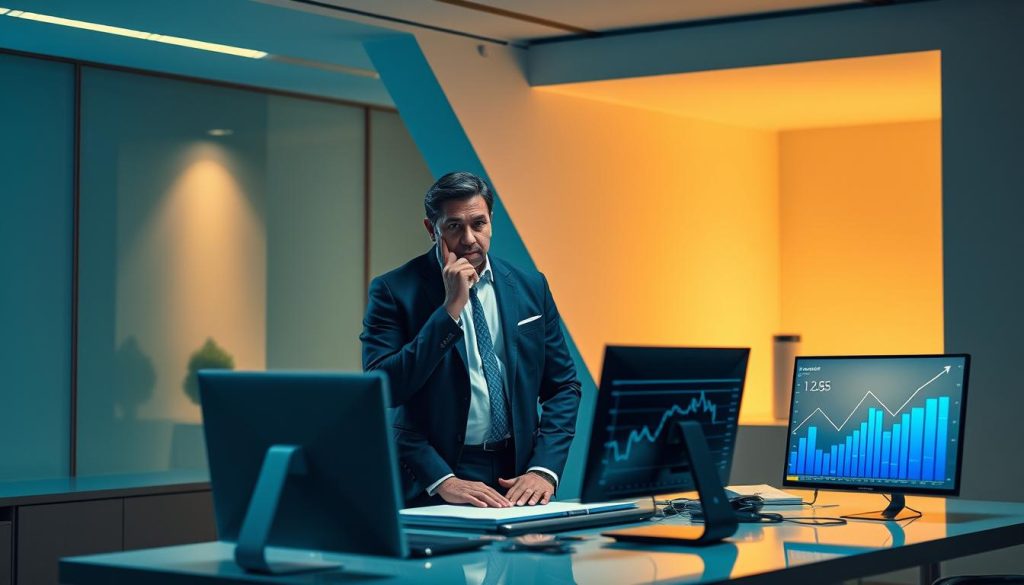 A sleek, modern consulting office with minimalist design. A well-dressed consultant, representing "UMALIS GROUP", stands at a desk, deep in thought, surrounded by digital devices and graphs depicting financial data. Warm, directional lighting illuminates the scene, creating a professional and authoritative atmosphere. The background features clean, geometric architectural elements that convey a sense of organization and efficiency. The overall image reflects the expertise and reliability of the consulting service, supporting the article's focus on the Tarif Journalier Moyen (TJM) in the IT contracting industry.