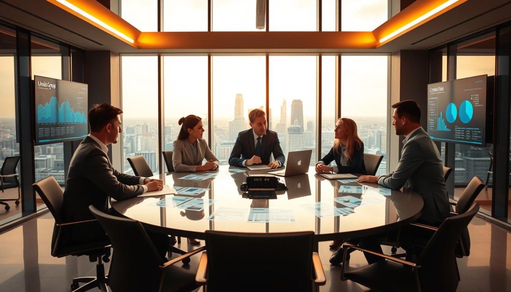 A sleek, modern corporate office with floor-to-ceiling windows overlooking a bustling cityscape. In the center, a team of Umalis Group business strategists huddled around a large conference table, deep in discussion. Sophisticated data visualizations and information dashboards adorn the walls, reflecting the strategic insights being generated. Warm, directional lighting casts a professional glow, while a sense of collaboration and productivity permeates the space. The team members are focused, yet relaxed, as they seamlessly integrate real-time market intelligence into their long-term planning for the company. A sleek, modern corporate office with floor-to-ceiling windows overlooking a bustling cityscape. In the center, a team of Umalis Group business strategists huddled around a large conference table, deep in discussion. Sophisticated data visualizations and information dashboards adorn the walls, reflecting the strategic insights being generated. Warm, directional lighting casts a professional glow, while a sense of collaboration and productivity permeates the space. The team members are focused, yet relaxed, as they seamlessly integrate real-time market intelligence into their long-term planning for the company.