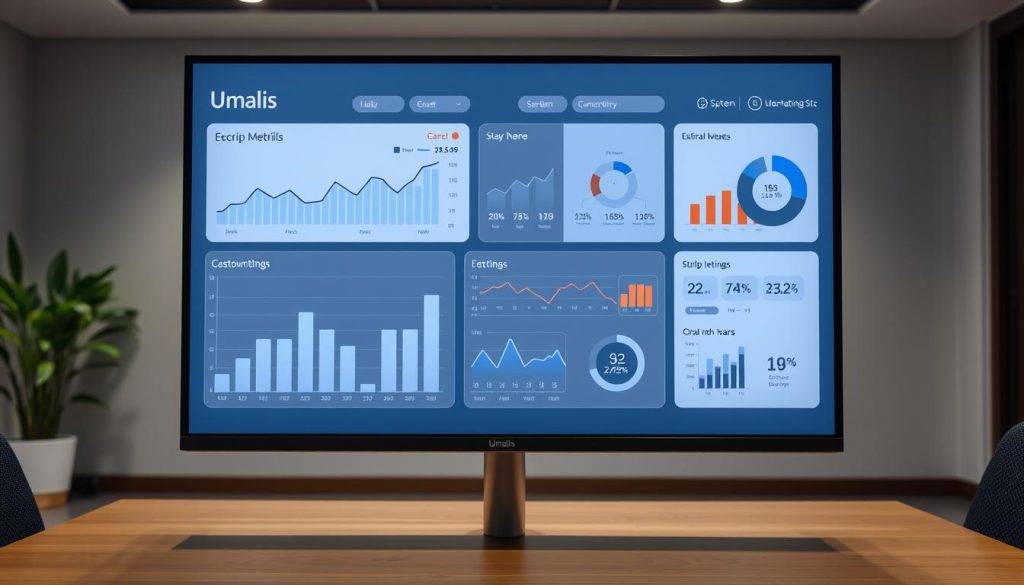 A sleek, modern dashboard display showcases a range of performance indicators for the Umalis Group. In the foreground, a crisp, high-resolution chart tracks key metrics, displayed on a premium-grade LED screen with a matte finish. The middle ground features stylized data visualizations, utilizing clean typography and intuitive iconography to convey insights at a glance. In the background, a minimalist office setting provides a professional, well-lit environment, with subtle textures and neutral tones that complement the dashboard's sophisticated aesthetic. The overall scene conveys a sense of data-driven decision-making, empowering Umalis Group executives to make informed choices for a stable, prosperous future.