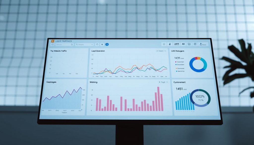 A sleek, modern dashboard displaying performance metrics for a LIGHT PORTAGE business. The foreground features a clean, minimalist interface with graphs, charts, and key performance indicators (KPIs) such as website traffic, lead generation, and customer retention. The middle ground showcases a stylized data visualization, with colorful lines and shapes representing the ebb and flow of critical business metrics. In the background, a subtle grid pattern or geometric design provides a sense of structure and organization, complementing the overall aesthetic. The lighting is balanced, with a soft, professional glow that enhances the clarity and readability of the information. The camera angle is slightly elevated, giving the viewer a comprehensive overview of the performance insights.