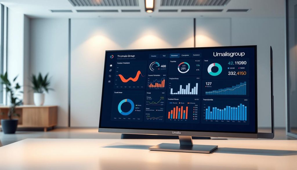 A sleek, modern dashboard displaying real-time data analysis, set against a backdrop of a serene, minimalist office interior. The Umalis Group logo stands prominently in the top-right corner, framed by clean lines and a sophisticated color palette. Crisp charts, graphs, and infographics populate the screen, providing a comprehensive overview of key performance metrics. Subtle lighting illuminates the scene, casting a warm glow and emphasizing the attention to detail. The overall impression is one of efficiency, control, and a data-driven approach to decision-making, perfectly suited to the "Outils d'analyse de données pour un suivi en temps réel" section of the article. A sleek, modern dashboard displaying real-time data analysis, set against a backdrop of a serene, minimalist office interior. The Umalis Group logo stands prominently in the top-right corner, framed by clean lines and a sophisticated color palette. Crisp charts, graphs, and infographics populate the screen, providing a comprehensive overview of key performance metrics. Subtle lighting illuminates the scene, casting a warm glow and emphasizing the attention to detail. The overall impression is one of efficiency, control, and a data-driven approach to decision-making, perfectly suited to the "Outils d'analyse de données pour un suivi en temps réel" section of the article.