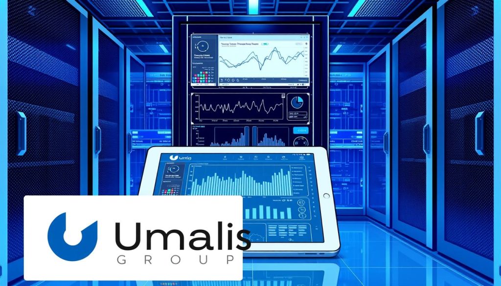 A sleek, modern data center server rack with a central display showcasing intricate graphs and statistics related to image performance optimization. The rack is bathed in cool, blue-tinted lighting, creating an atmosphere of technological sophistication. In the foreground, a tablet device is prominently displayed, providing an intuitive user interface for monitoring and adjusting image optimization parameters. The Umalis Group logo is subtly integrated into the design, reflecting the company's expertise in this field. The overall composition conveys a sense of precision, efficiency, and cutting-edge technology. A sleek, modern data center server rack with a central display showcasing intricate graphs and statistics related to image performance optimization. The rack is bathed in cool, blue-tinted lighting, creating an atmosphere of technological sophistication. In the foreground, a tablet device is prominently displayed, providing an intuitive user interface for monitoring and adjusting image optimization parameters. The Umalis Group logo is subtly integrated into the design, reflecting the company's expertise in this field. The overall composition conveys a sense of precision, efficiency, and cutting-edge technology.