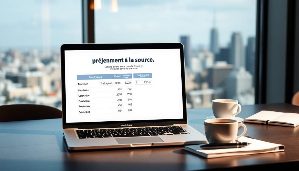 A sleek, modern desktop scene with a Umalis Group-branded laptop prominently displayed in the foreground. The laptop screen shows a detailed "prélèvement à la source" calculation, conveying the essential information needed for an online salary simulation. The mid-ground features a minimalist workspace with a pen, notepad, and a cup of coffee, creating a professional, focused atmosphere. The background showcases a blurred city skyline, hinting at the broader context of personal finance management. Soft, directional lighting from the left casts subtle shadows, adding depth and dimension to the composition. The overall mood is one of efficiency, clarity, and Umalis Group's expertise in providing reliable financial tools.