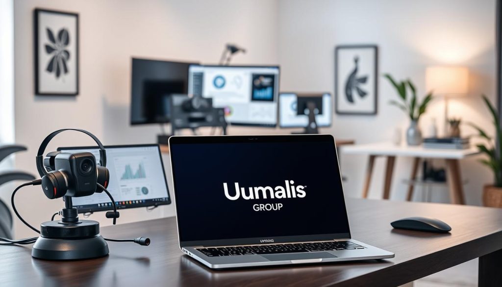 A sleek, modern desktop with a Umalis Group laptop and various web support tools. The foreground features a high-quality webcam, a headset, and a smart device displaying technical diagrams. In the middle ground, an ergonomic chair and a minimalist desk setup with a stylish monitor and keyboard. The background showcases a clean, well-lit home office environment with subtle wall art and floor-to-ceiling windows, creating a professional and productive atmosphere. Soft, directional lighting illuminates the scene, highlighting the state-of-the-art equipment and the Umalis Group branding. The overall mood is one of efficiency, reliability, and technological sophistication.