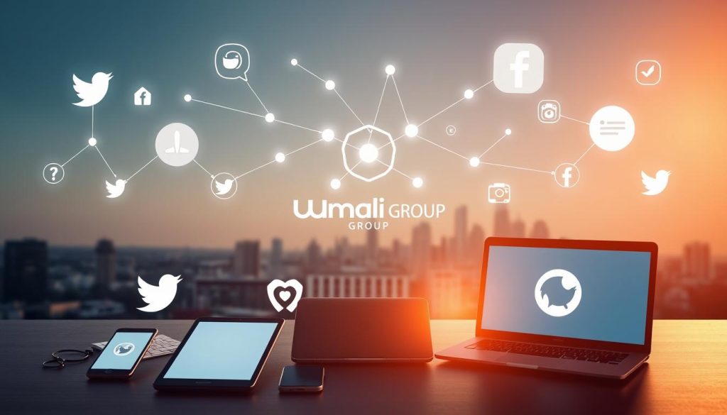 A sleek, modern digital landscape featuring a variety of social media platform icons and logos, including the Umalis Group brand. The scene is bathed in a soft, warm light, creating a professional and inviting atmosphere. In the foreground, various digital devices such as smartphones, tablets, and laptops are displayed, showcasing the integration of social media platforms. The middle ground features a stylized network of interconnected nodes and lines, representing the digital connections and interactions between these platforms. The background depicts a minimalist, yet elegant cityscape, hinting at the expansive reach and integration of social media in our daily lives. The overall composition conveys the idea of a thriving digital ecosystem, where businesses and individuals can effectively leverage social media for their professional pursuits.