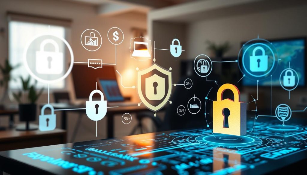 A sleek, modern digital payment platform with secure transaction mechanisms in the foreground. In the middle ground, various payment protection icons and symbols like locks, shields, and encryption data flows. The background depicts a professional online workspace with desk, laptop, and other office equipment, illuminated by soft, directional lighting that creates a sense of security and reliability.