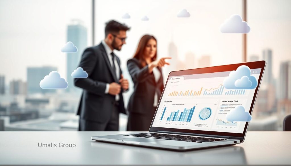 A sleek, modern digital workspace illustrating "business management cloud" concepts. In the foreground, a polished laptop displays an intuitive dashboard with charts and analytical data, set against a backdrop of floating cloud icons symbolizing digital tools. The middle layer showcases a diverse group of three professionals, dressed in smart business attire, engaged in a collaborative discussion, while pointing at the screen. The background features a blurred city skyline, emphasizing a professional environment. Soft, diffused lighting creates an inviting atmosphere, while a slight depth of field effect adds focus to the foreground. The overall mood is one of productivity and innovation. Include the brand name "Umalis Group" subtly integrated into the workspace design, ensuring no visible text overlays or watermarks.