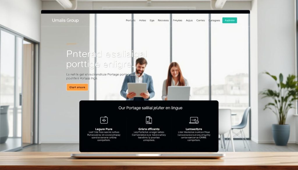 A sleek, modern e-commerce website for the Umalis Group's portage salarial services, showcasing a clean, responsive design with intuitive navigation. The foreground features a hero section highlighting the key benefits of their online portage salarial solution, with elegant typography and subtle iconography. The middle ground depicts professionals collaborating on laptops, conveying the seamless workflow and flexibility of the platform. The background showcases a minimalist office setting, with floor-to-ceiling windows allowing natural light to fill the space, creating a professional and productive atmosphere. The overall mood is one of efficiency, innovation, and success, reflecting the "portage salarial réussir en ligne" ethos.