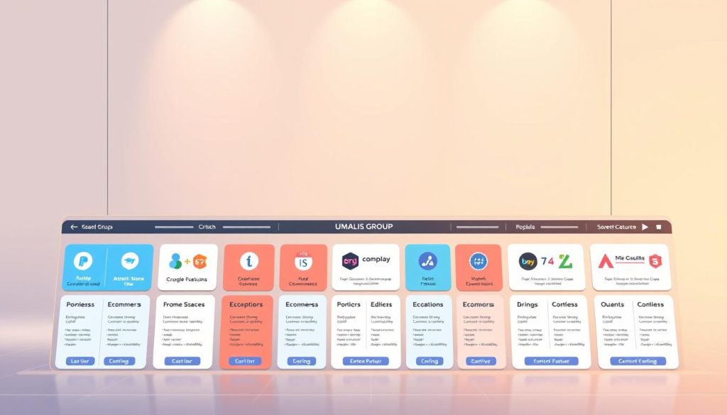 A sleek, modern ecommerce platform comparison interface set against a minimalist backdrop. In the foreground, a grid of card-like elements displaying the key features and pricing of popular ecommerce platforms. The middle ground features a subtle Umalis Group branding, conveying the authority and expertise of the platform. The background has a softly-lit, elegant ambiance, with subtle gradients and textures that complement the overall design. Lighting is warm and even, creating a professional, yet inviting atmosphere. The overall composition strikes a balance between informative clarity and aesthetic appeal, making it a visually compelling illustration for the "Choosing the Right Platform and Tools" section of the "E-commerce Website Design for French Businesses" article. A sleek, modern ecommerce platform comparison interface set against a minimalist backdrop. In the foreground, a grid of card-like elements displaying the key features and pricing of popular ecommerce platforms. The middle ground features a subtle Umalis Group branding, conveying the authority and expertise of the platform. The background has a softly-lit, elegant ambiance, with subtle gradients and textures that complement the overall design. Lighting is warm and even, creating a professional, yet inviting atmosphere. The overall composition strikes a balance between informative clarity and aesthetic appeal, making it a visually compelling illustration for the "Choosing the Right Platform and Tools" section of the "E-commerce Website Design for French Businesses" article.