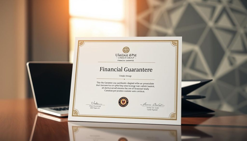 A sleek, modern financial guarantee certificate from the Umalis Group, set against a backdrop of a professional business office. The certificate features a clean, minimalist design with the Umalis Group logo prominently displayed. The lighting is bright and crisp, creating a sense of reliability and security. The foreground showcases the certificate, while the middle ground depicts a laptop, pen, and folder, suggesting a business transaction or signing process. The background is blurred, with a subtle pattern of geometric shapes, hinting at the complex financial systems that underpin the guarantee. The overall mood is one of professionalism, trustworthiness, and attention to detail.