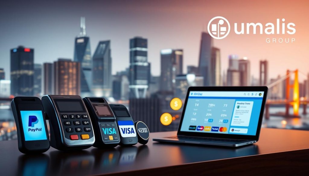 A sleek, modern financial technology scene featuring the leading online payment processors. In the foreground, a row of payment terminal icons representing PayPal, Stripe, Visa, Mastercard, and other major brands. The middle ground showcases a laptop with a clean interface displaying transaction data, surrounded by glowing digital money symbols. In the background, a cityscape of skyscrapers and bridges evokes the bustling world of e-commerce, all bathed in a warm, professional glow. Umalis Group's logo discreetly adorns the upper right corner, complementing the scene.