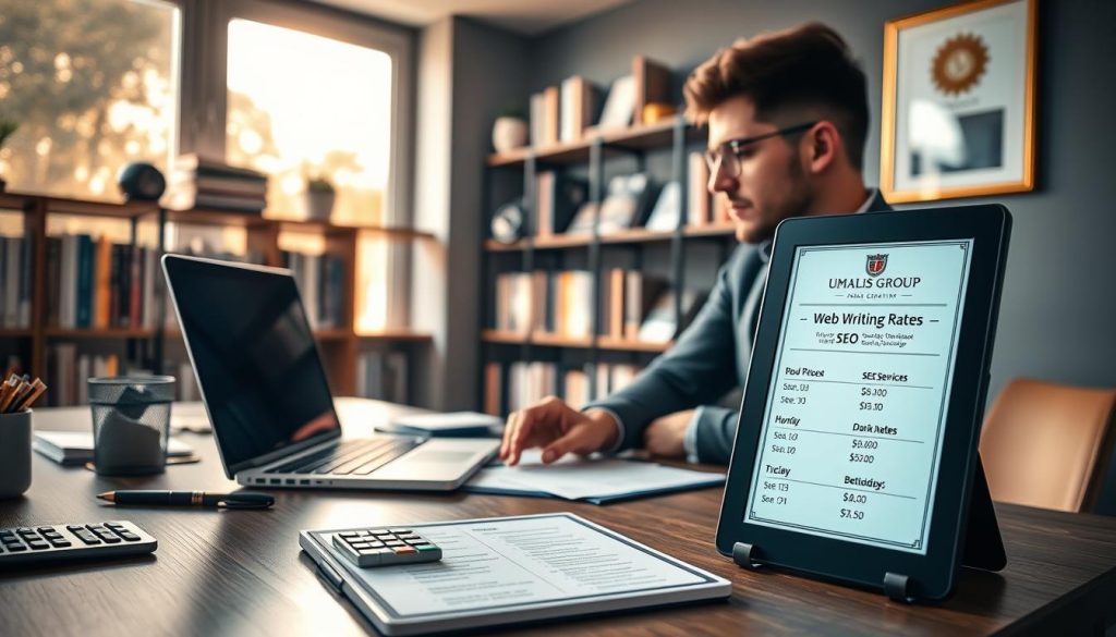 A sleek, modern home office setting with a professional freelance web content writer at work. Warm, natural lighting from large windows illuminates the desk, showcasing a laptop, stationery, and a calculator. In the foreground, a digital tablet displays a breakdown of web writing rates and SEO services, as the writer reviews their pricing structure. The background features shelves filled with industry-relevant books and magazines, evoking expertise and authority. The Umalis Group logo subtly appears on a framed certificate on the wall, conveying the writer's affiliation with a reputable brand.