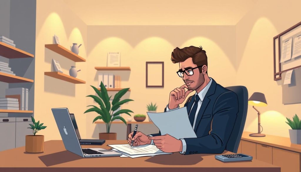 A sleek, modern home office with minimalist decor. Warm, directional lighting illuminates the desk, where a laptop, pen, and calculator sit neatly arranged. The walls are adorned with shelves displaying tax-related documents and receipts, conveying a sense of organization and financial diligence. In the foreground, a well-dressed professional, deep in thought, reviews their tax documents, seeking to maximize their deductions and allowances. The overall atmosphere is one of focus, efficiency, and financial savvy.