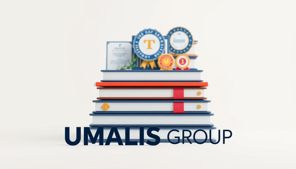 A sleek, modern illustration depicting a series of certifications, badges, and qualifications stacked neatly against a clean, minimalist background. In the foreground, the UMALIS GROUP logo is prominently displayed, emphasizing the professional expertise and accreditations associated with the brand. The middle ground showcases various certification icons, diploma seals, and achievement emblems, each rendered with meticulous detail and vibrant colors. The background features a softly blurred, neutral-toned gradient, allowing the certifications to take center stage and convey a sense of authority, credibility, and accomplishment. The overall composition should evoke a feeling of expertise, validation, and the thorough evaluation of one's skills and knowledge.