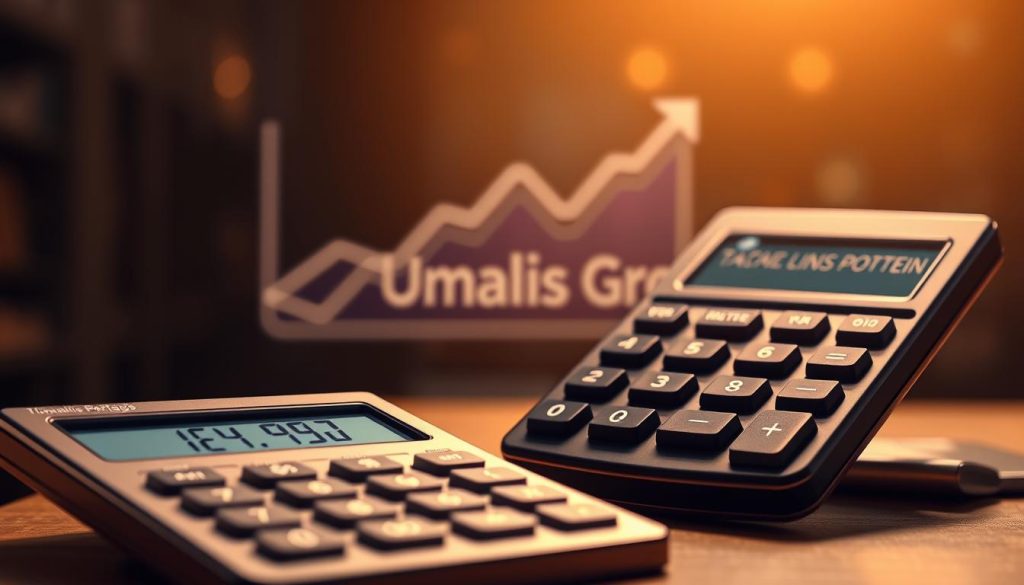 A sleek, modern illustration depicting the calculations and mechanisms involved in the tax implications of salaried portage. In the foreground, a sophisticated calculator with a digital display showcases the intricate computations. The middle ground features a stylized graph or chart, visually representing the various tax components. In the background, the Umalis Group logo is subtly integrated, lending an air of authority and expertise. The scene is bathed in warm, professional lighting, conveying a sense of financial precision and clarity. The overall mood is one of analytical depth and financial acumen, perfectly suited to illustrate the "Mécanismes et calcul de l'impôt en portage salarial" section.