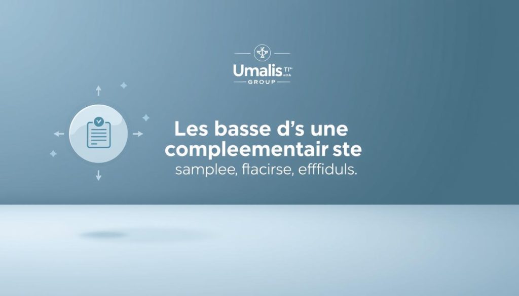 A sleek, modern illustration of "complémentaire santé" showcasing the key components of an effective supplementary health coverage plan. In the foreground, a clean icon or graphic representing the core benefits, surrounded by a minimalist layout with subtle geometric patterns and soft, calming colors. In the middle ground, a simple yet informative title "Les bases d'une complémentaire santé efficace" set in a bold, legible typeface. In the background, a subtle Umalis Group logo, lending an air of professionalism and expertise to the scene. The overall mood is one of clarity, reliability, and the reassurance of comprehensive healthcare protection.