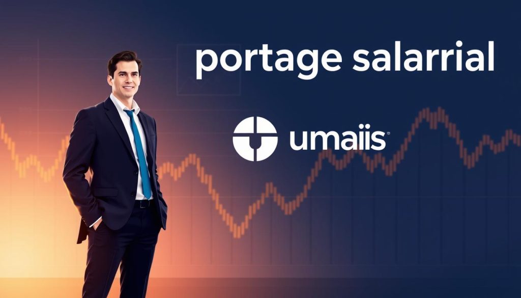 A sleek, modern illustration of "portage salarial" for the article on understanding its impact on retirement pensions. The scene depicts a well-dressed professional in the foreground, standing confidently against a backdrop of financial graphs and charts, symbolizing the financial workings of this employment arrangement. The Umalis Group logo is subtly displayed, lending a sense of authority and expertise. Warm, directional lighting casts a glow over the scene, creating a sense of professionalism and trust. The overall composition is clean, balanced, and designed to clearly convey the key concepts of the "portage salarial" financial model.