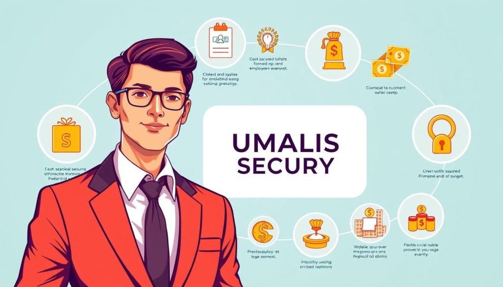 A sleek, modern illustration showcasing the key benefits of social security for salaried employees in a stylish, eye-catching manner. The image should depict a professional, well-dressed individual in the foreground, surrounded by vibrant iconography and infographic elements that highlight the security, financial stability, and other advantages of the "Umalis Group" salaried employee program. The middle ground should feature a clean, minimalist layout with elegant typography, while the background should convey a sense of corporate professionalism and success. Use a bright, warm color palette, clean lines, and a crisp, high-resolution rendering to create a visually striking, informative, and on-brand illustration.