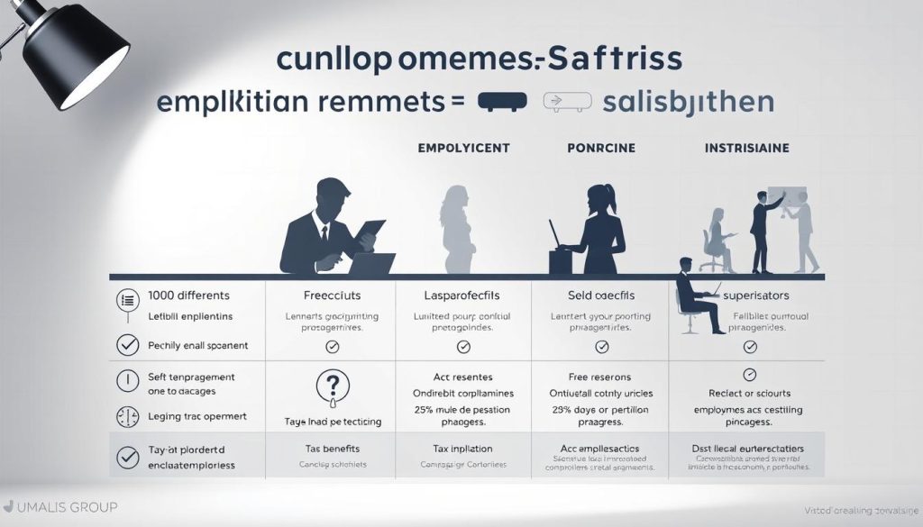 A sleek, modern infographic comparing the employment statuses of traditional employment, freelancing, and UMALIS GROUP's salaried portage. The foreground features clean, minimalist icons and typography highlighting the key differences in benefits, legal protections, and tax implications. The middle ground depicts stylized silhouettes of professionals in various work environments, conveying a sense of flexibility and autonomy. The background features a subtle grid pattern and soft, muted tones that reinforce the data-driven, analytical nature of the comparison. Subtle lighting from the top left casts shadows that add depth and dimensionality to the scene. The overall aesthetic is professional, informative, and visually compelling.