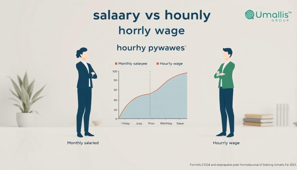 A sleek, modern infographic depicting a comparative analysis of monthly salary and hourly wage. The foreground showcases two stylized human figures, one representing a monthly salaried employee and the other an hourly wage worker, standing side-by-side. The middle ground features a bold, minimalist graph with clear data visualizations contrasting the two compensation models. The background is a clean, neutral-toned workspace, with subtle Umalis Group branding elements tastefully incorporated. The overall aesthetic is professional, data-driven, and designed to clearly communicate the key differences between monthly and hourly pay structures.
