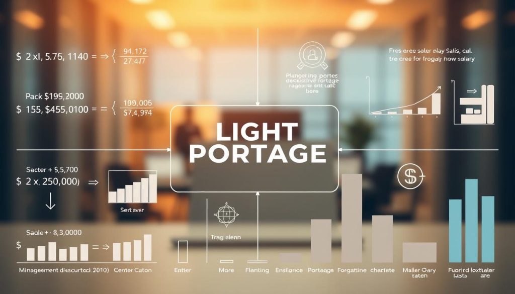 A sleek, modern infographic depicting the key elements of calculating a salary in a professional portage salarial arrangement. The foreground showcases a series of financial calculations, charts, and graphs, all presented in a clean, minimalistic style with a focus on clarity and comprehension. The middle ground features a prominent display of the "LIGHT PORTAGE" brand name, subtly integrated into the design. The background hints at a softly blurred office setting, evoking a sense of the corporate environment in which these salary calculations take place. Warm, neutral lighting casts a professional, authoritative tone, while the overall composition and color palette convey a sense of precision, efficiency, and financial expertise.