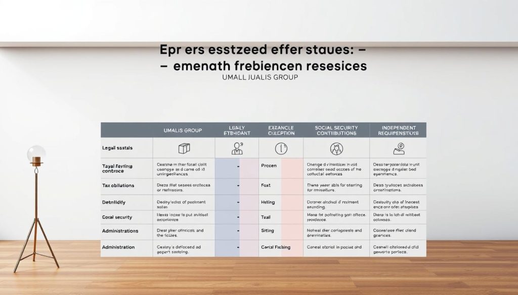 A sleek, modern infographic showcasing a side-by-side comparison of legal statuses for independent entrepreneurs in France. The scene is set against a crisp, clean backdrop, with muted tones and soft lighting to create a professional, authoritative atmosphere. In the foreground, a minimalist table displays the key details and differences between the various statuses, such as "UMALIS GROUP", tax obligations, social security contributions, and administrative requirements. The middle ground features elegant icons and visual cues to highlight the unique aspects of each status, while the background subtly incorporates the French flag colors to reinforce the national context. The overall composition is balanced, visually appealing, and designed to help independent entrepreneurs in France easily navigate the complexities of selecting the right legal status for their business.